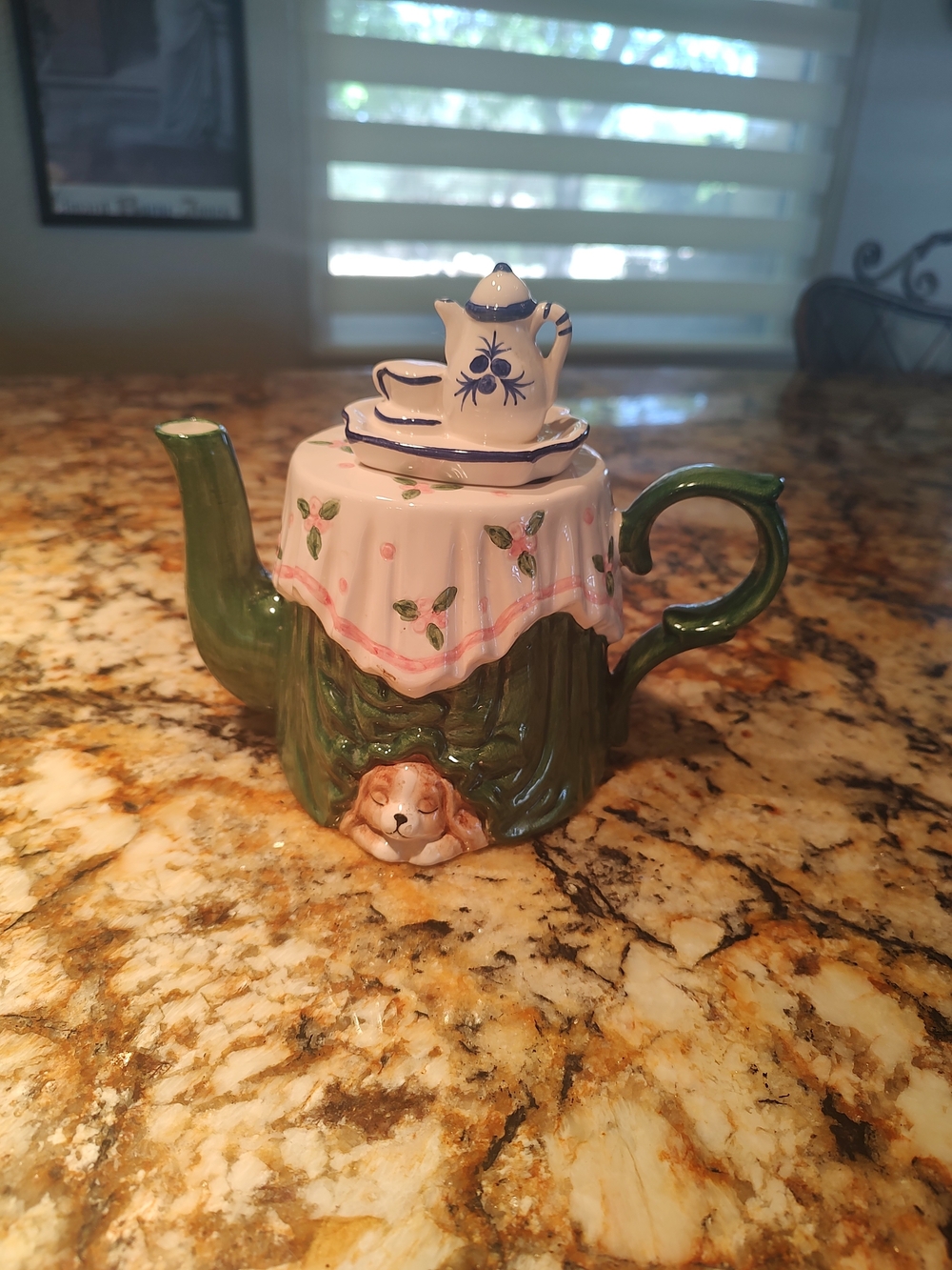 Whimsical Ceramic Teapot with puppy Motif - Green & White